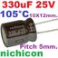 ตัวเก็บประจุ 330uF 25V 105C Pitch 5mm.10x12mm ยี่ห้อ Nichicon radial Electrolytic capacitor