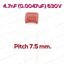 4.7nF(0.0047uF) 630Vdc ±5% Pitch 7.5mm Metallized Polyester Film Cap ตัวเก็บประจุ คาปาซิเตอร์ แบบฟิล์มโลหะ