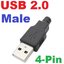 USB 2.0 Connector A Type Male 4-Pin Plug with Black Plastic Cover DIY Connector