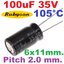 ตัวเก็บประจุ 100uF 35V pitch 2.0 mm. 6X11mm. ยี่ห้อ RUBYCON Japanese radial Electrolytic capacitor high frequency low resistance