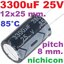 ตัวเก็บประจุ 3300uF 25V 85C Pitch 8mm.12x25mm ยี่ห้อ Nichicon radial Electrolytic capacitor