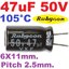 ตัวเก็บประจุ 47uF 50V pitch 2.5 mm. 6X11mm. ยี่ห้อ RUBYCON Japanese radial Electrolytic capacitor high frequency low resistance