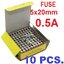 ฟิวส์หลอดแก้ว Fuse 0.5A 250V ขนาด 5x20 mm. แพ็คละ 10 ชิ้น