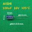 ตัวเก็บประจุ 100uF 16V pitch 2.5 mm. -40°C to +105°C AISHI Capacitor