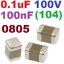 100nF 100V (104) 0.1uF 0805 (2012) Accuracy 10% High Voltage Multilayer Ceramic Chip SMD surface mount